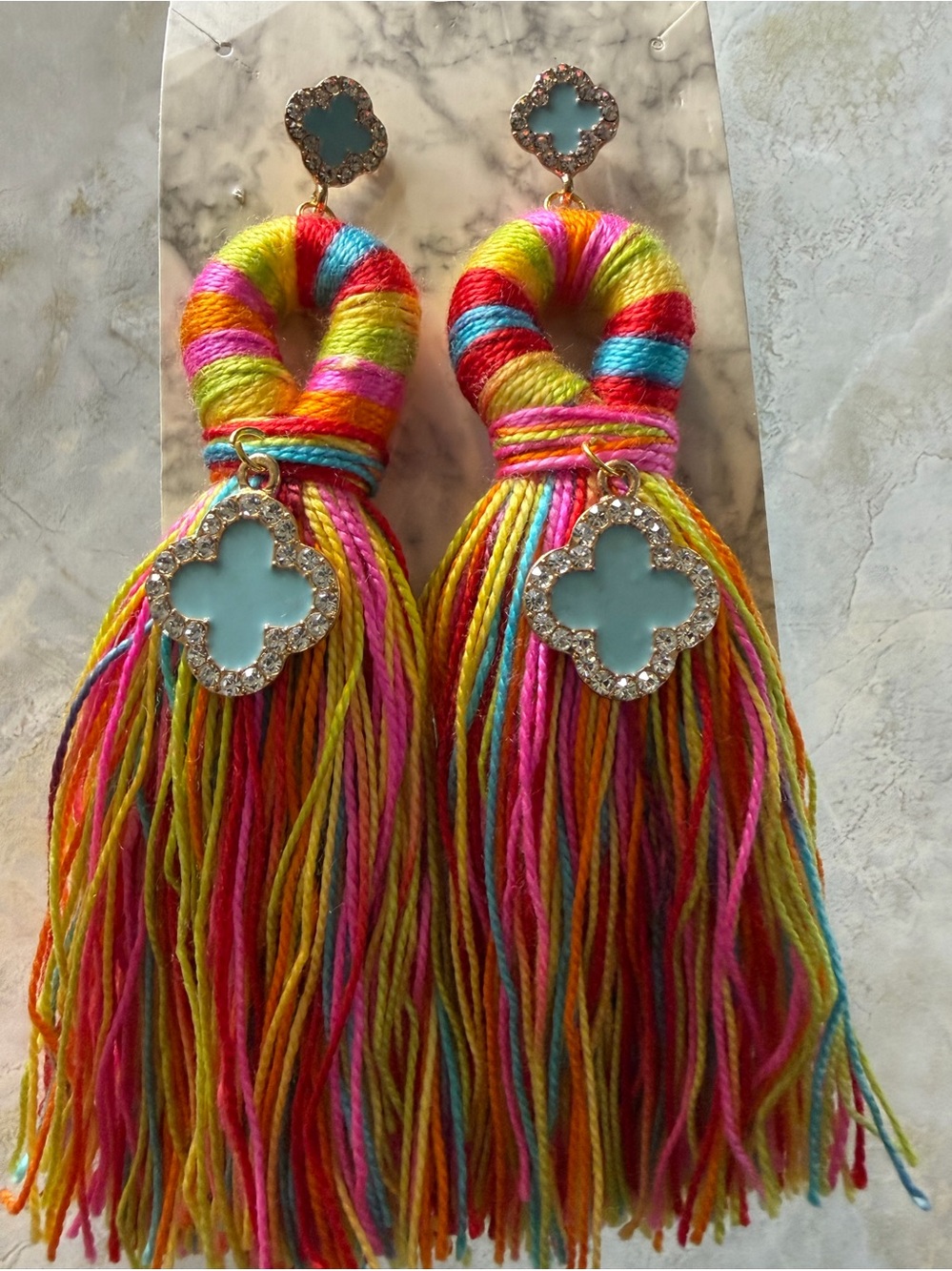 Multicolor Tassel Drop Earrings with Aqua Clover Accent